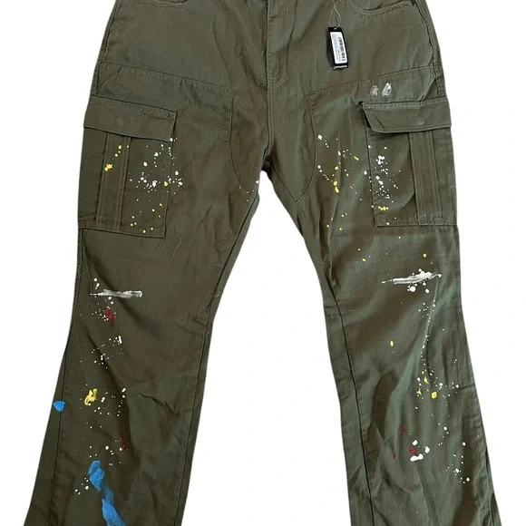 Boohoo Man Plus Slim Flare Gusset Paint Splatter Green Cargo Trouser Pants Sz 46 - Picture 4 of 16